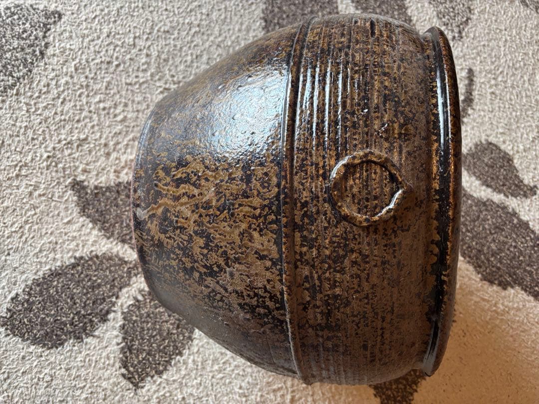 丹波焼　灰釉印花文甕　水差し花生け　骨董品アンティーク