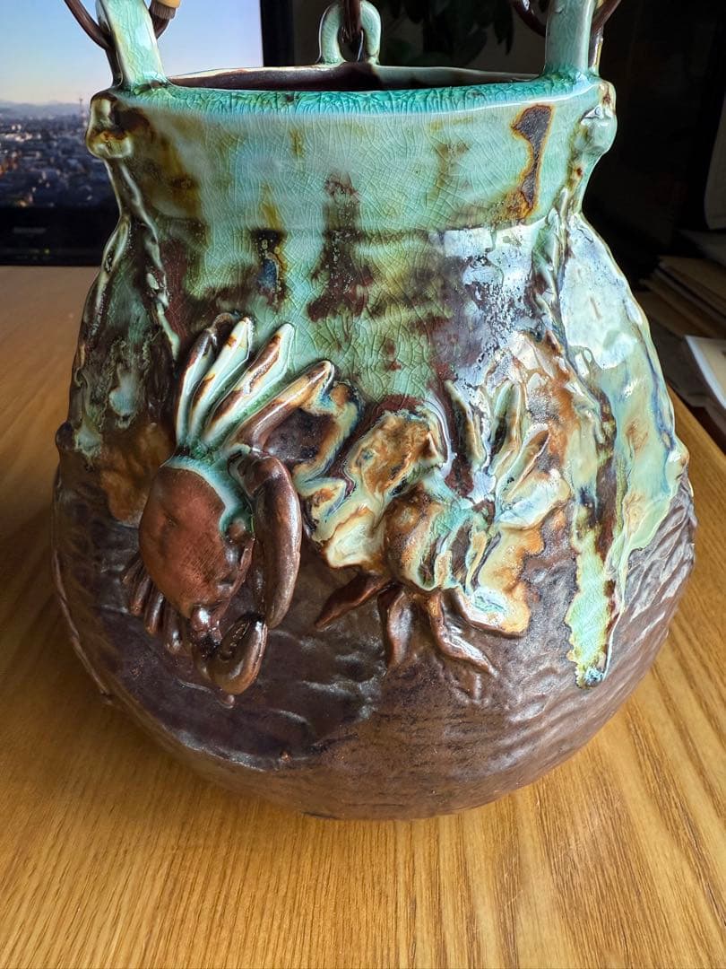 相馬焼？信楽焼？蟹　カニ装飾の陶器花瓶　置物　アンテリア