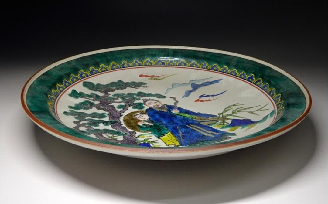 九谷焼 太田俊英 造 賢人紋 大皿 幅約32cm 青手九谷 f031314