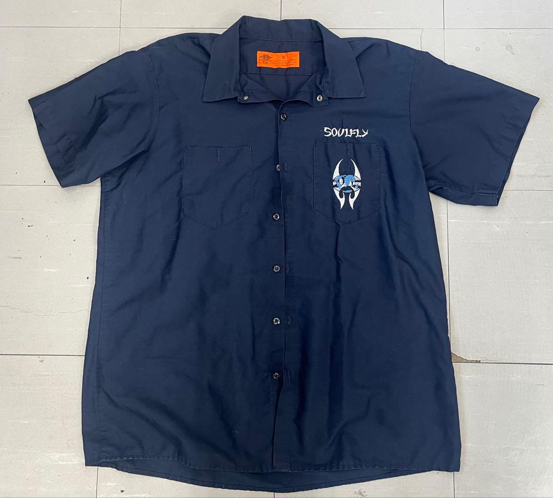 90s SOULFLY Dickies 半袖ワークシャツ XL ネイビー刺繍ロゴ