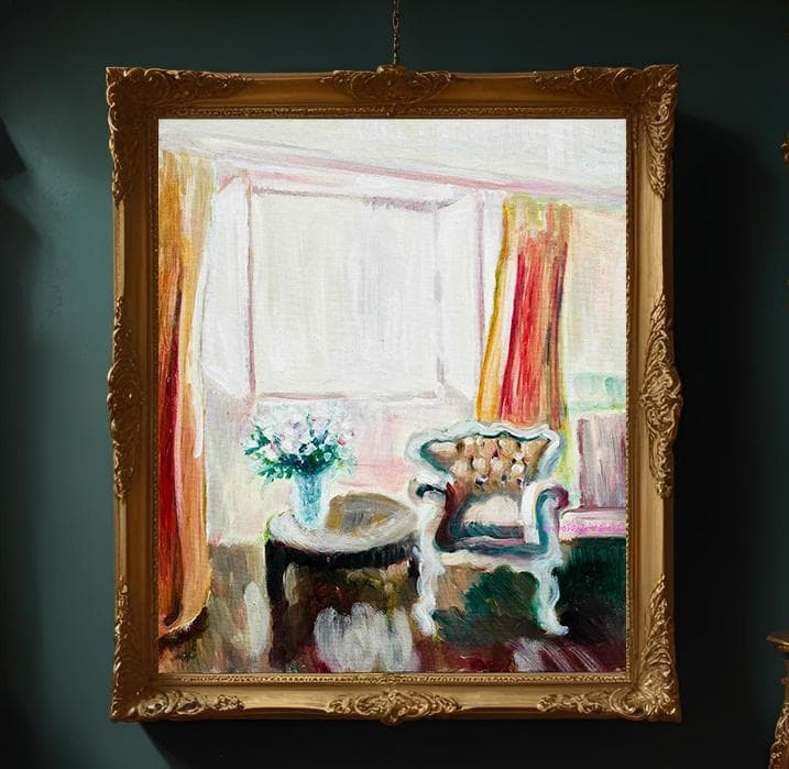 46×53㎝「窓辺の椅子とテーブル」油彩・額装（４枚面画像)・原画・F10