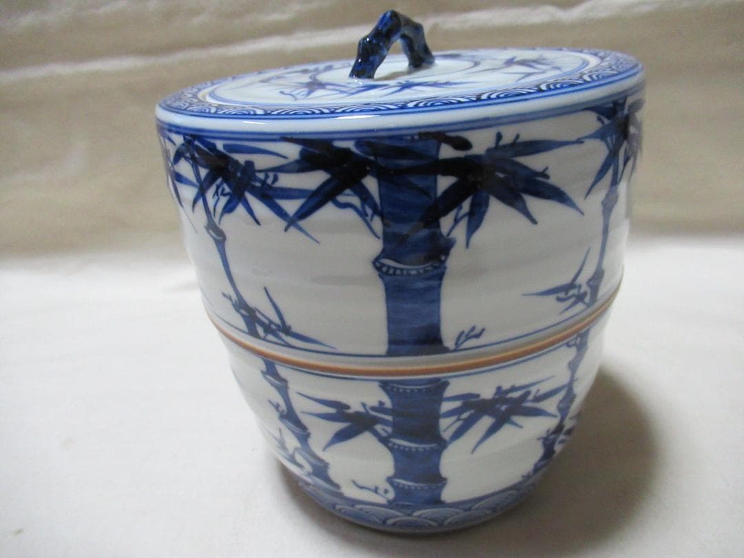 茶道具　曽根幸風造　染付胴紐竹絵　水指　共箱