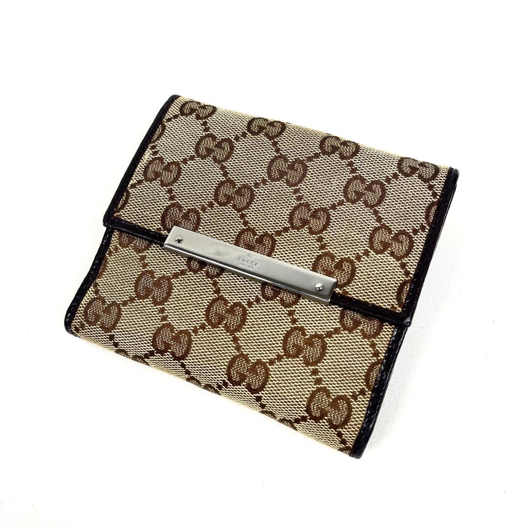 グッチ　折り財布　ロゴプレート　GGキャンバス　スクエア　コンパクト　レザー　美