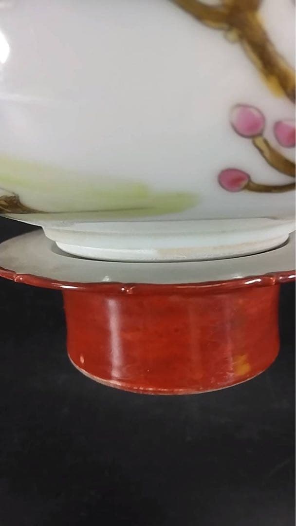 中国美術 粉彩 花鳥紋 珊瑚釉 遊高台 洗 φ14cm 光緒年製(LC255)