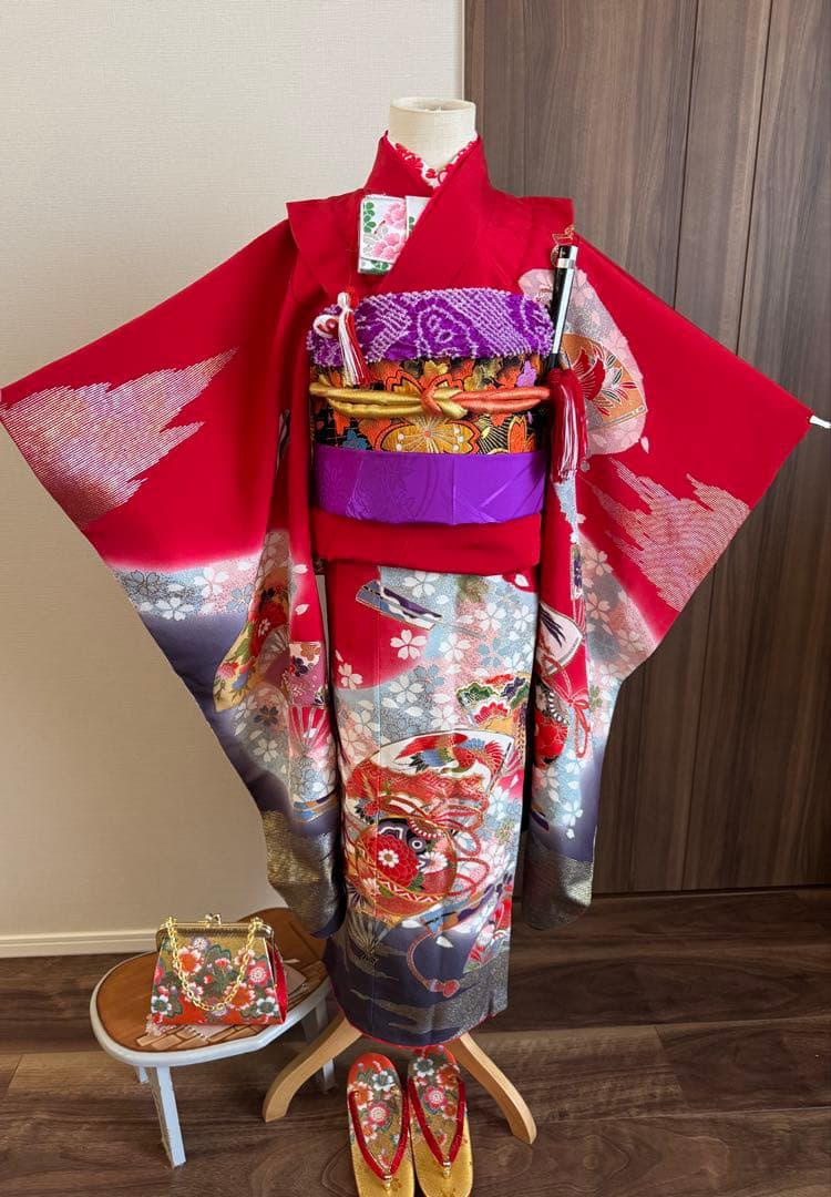 七五三に★正絹縮緬檜扇に鈴　七歳着物セット