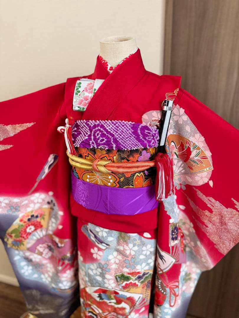 七五三に★正絹縮緬檜扇に鈴　七歳着物セット