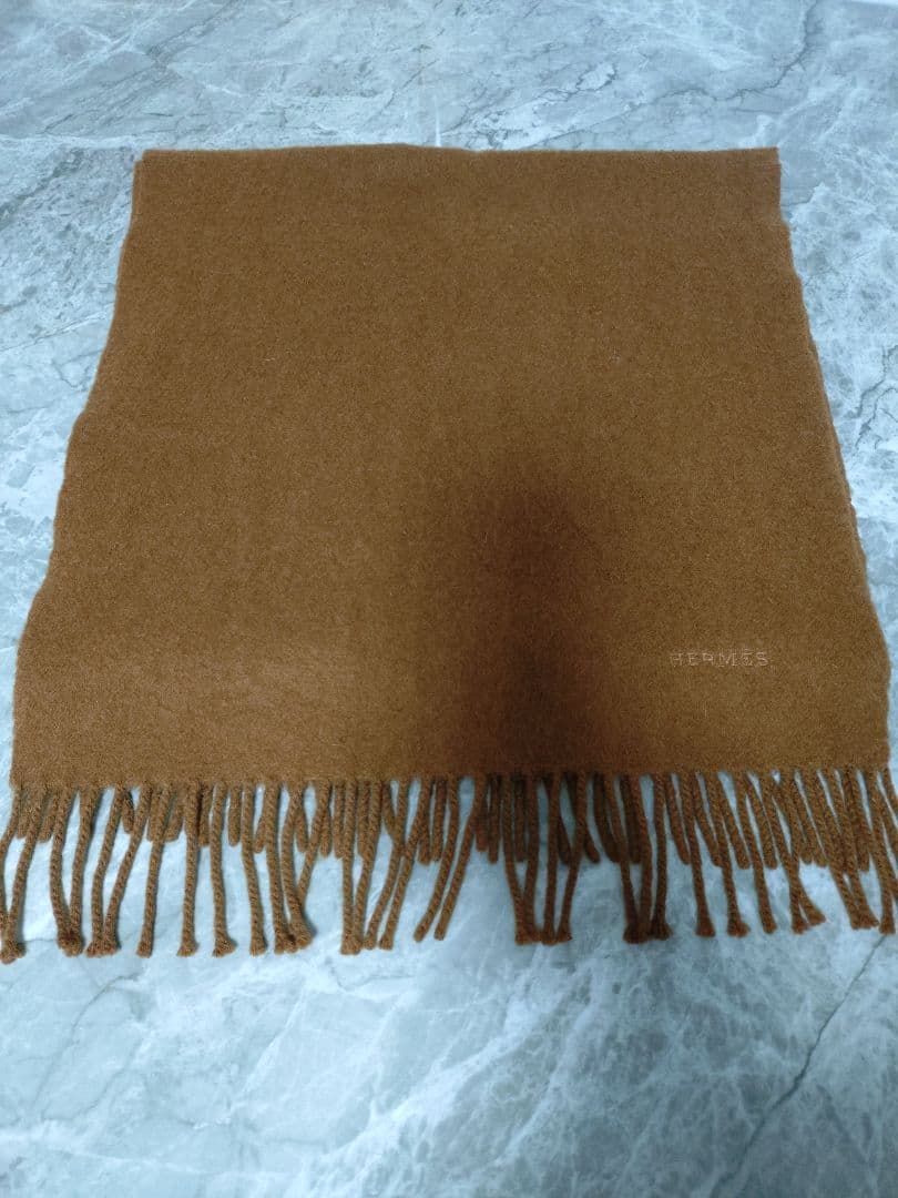 HERMES カシミヤ100% ブラウンマフラー フリンジ付き