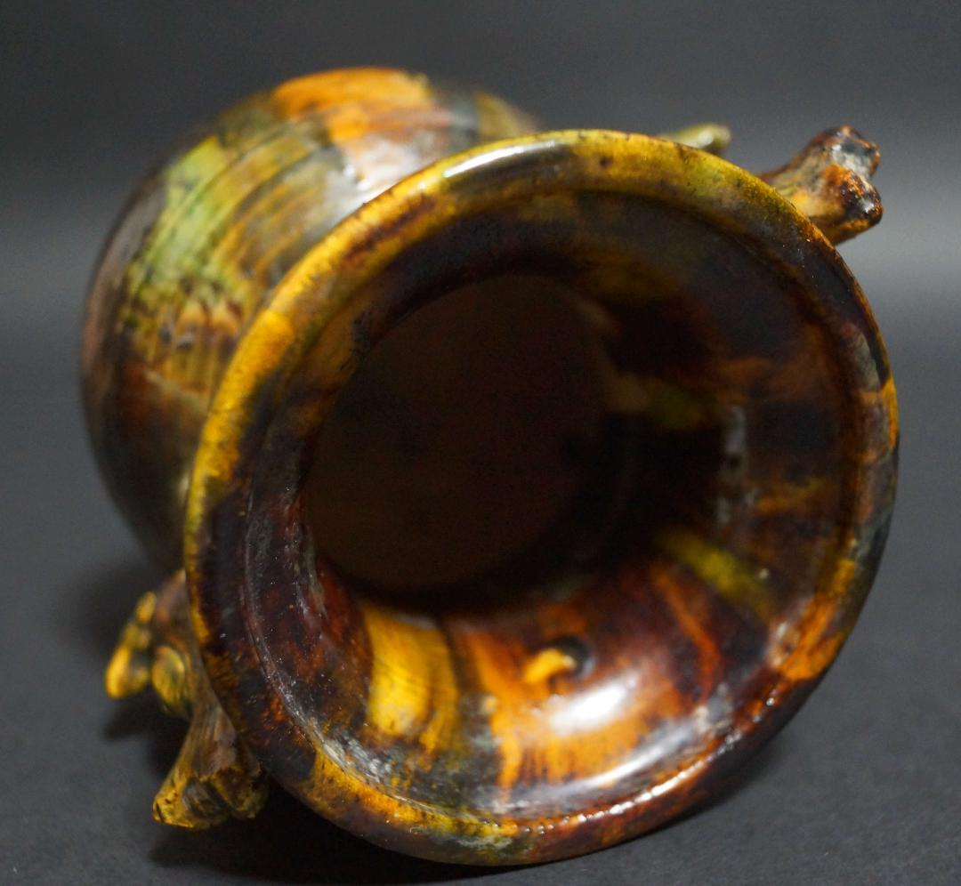 清 古交趾香炉 魚耳双耳 三つ足 箱付 茶事/茶道具★時代物★