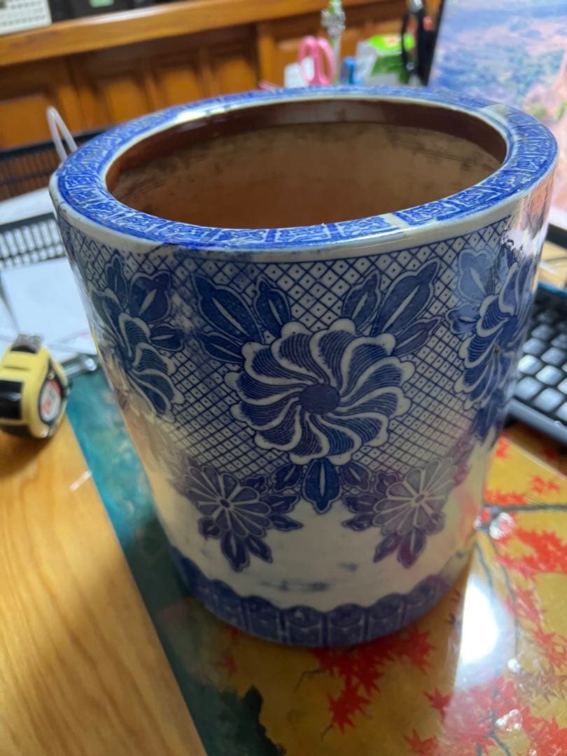 火鉢 染付 伊万里 手あぶり 手描き 鉢カバー 古道具 古民具 レトロ　骨董品