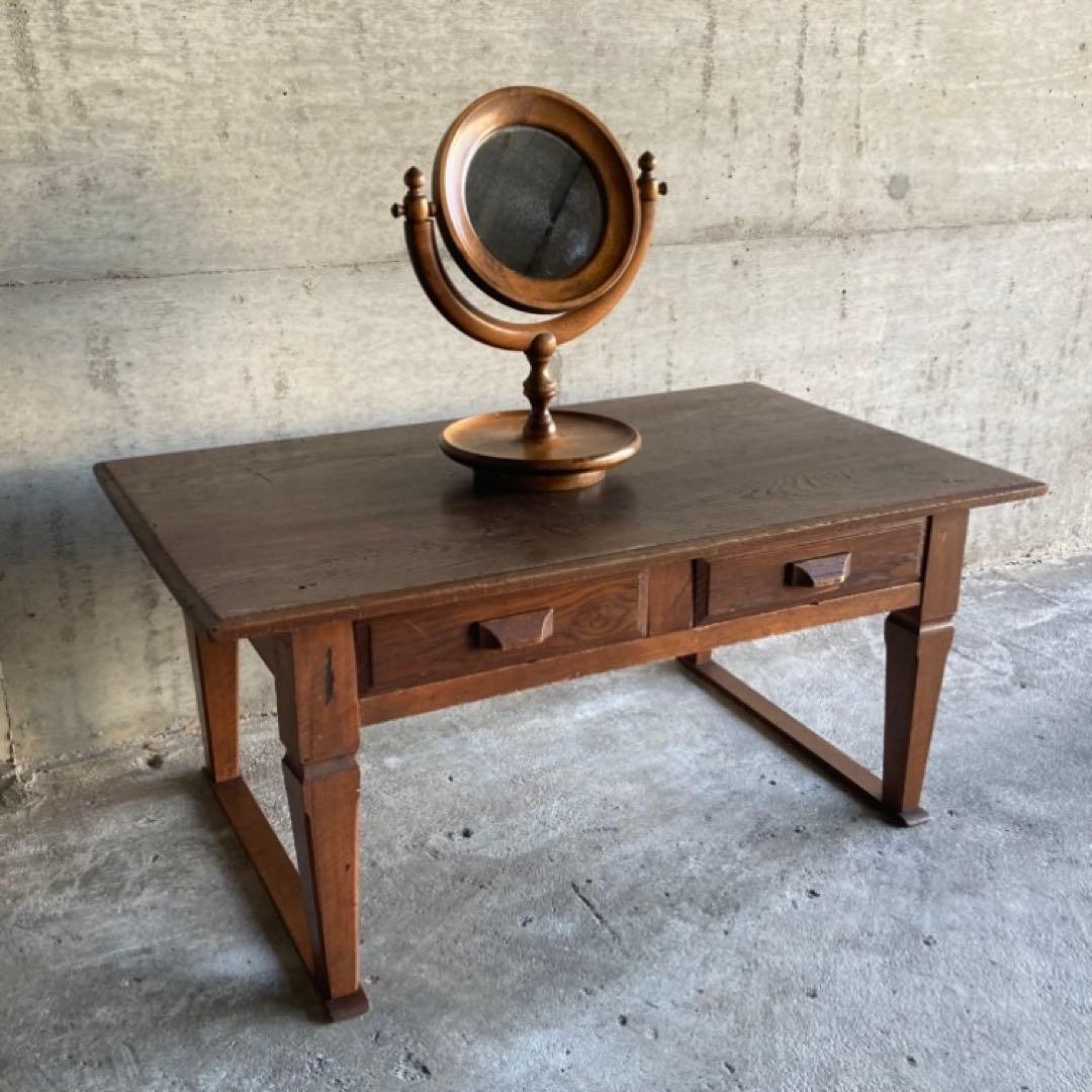 古い味のある卓上鏡 鏡台 ミラー 木製 回転式 丸型 民藝 レトロ ヴィンテージ