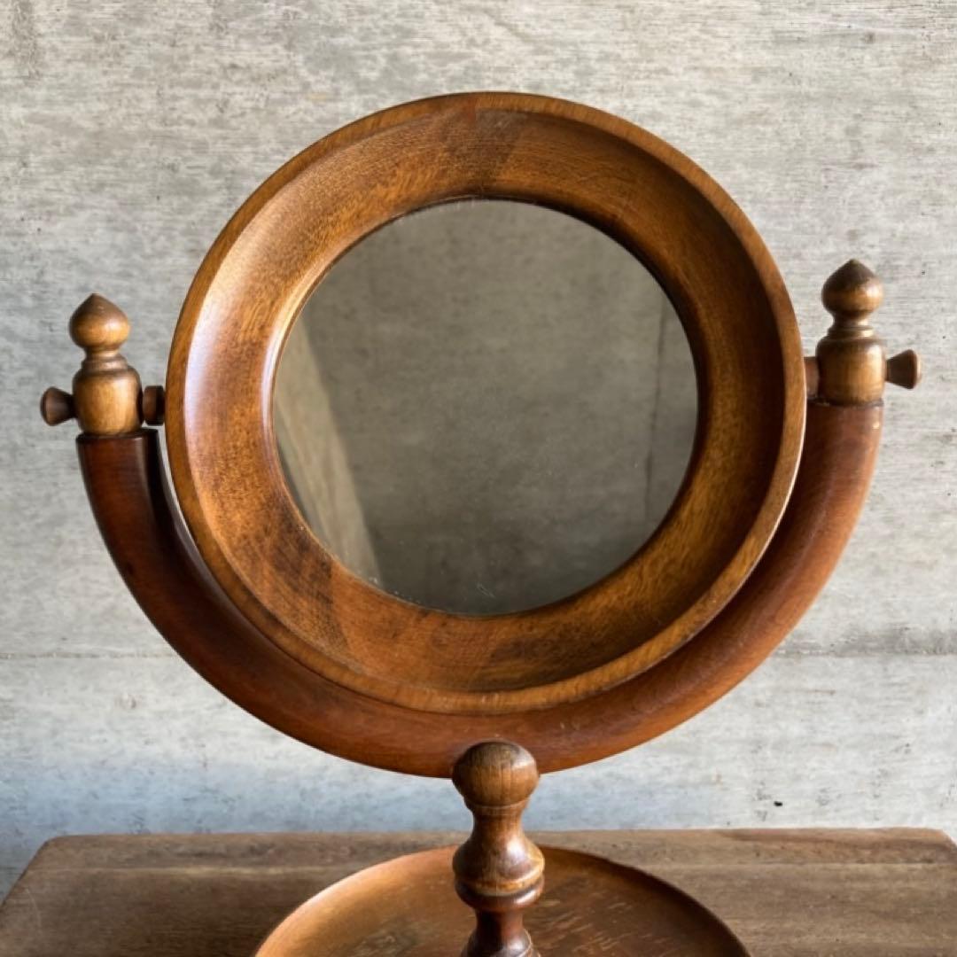 古い味のある卓上鏡 鏡台 ミラー 木製 回転式 丸型 民藝 レトロ ヴィンテージ
