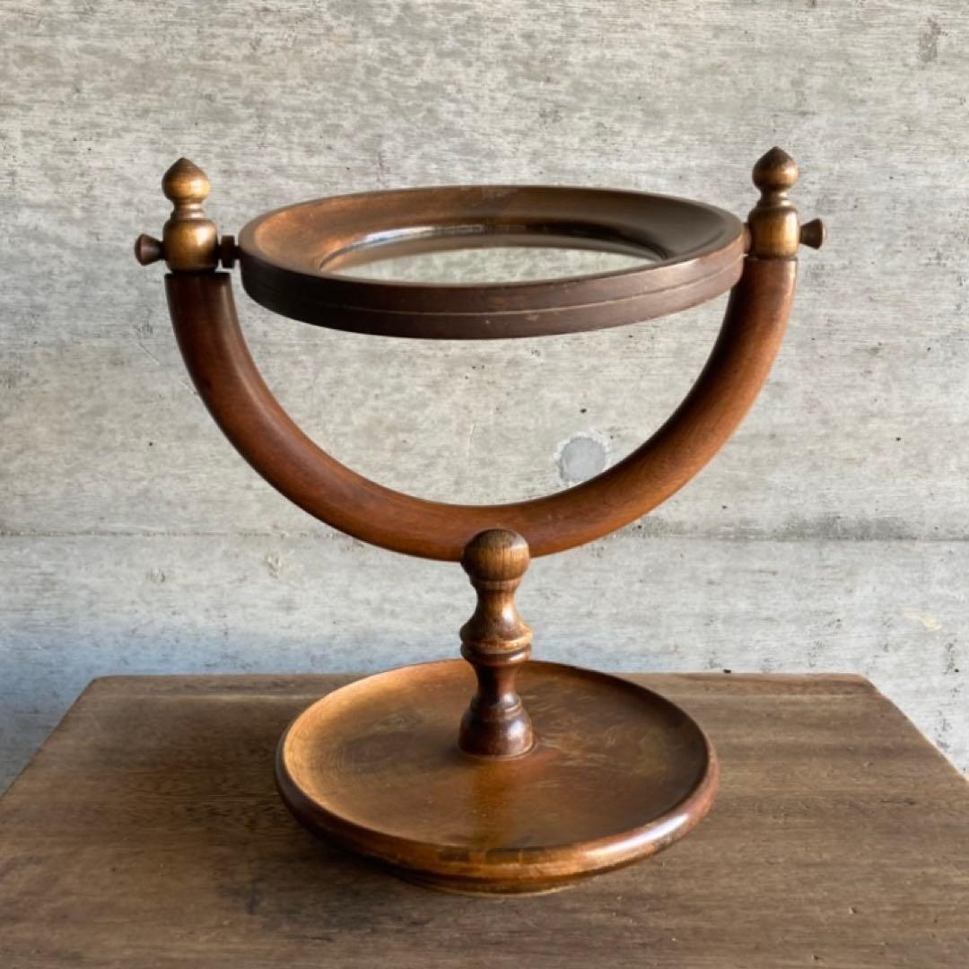 古い味のある卓上鏡 鏡台 ミラー 木製 回転式 丸型 民藝 レトロ ヴィンテージ
