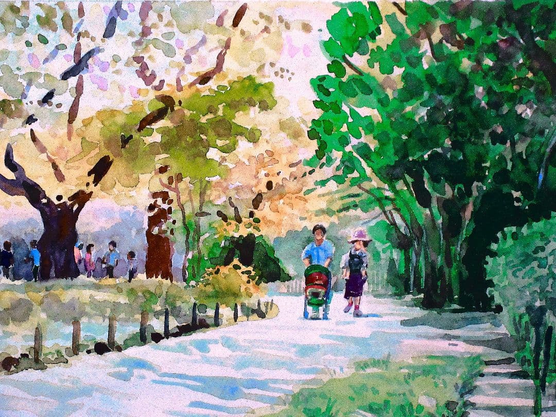 水彩画 親子の公園散歩 風景画