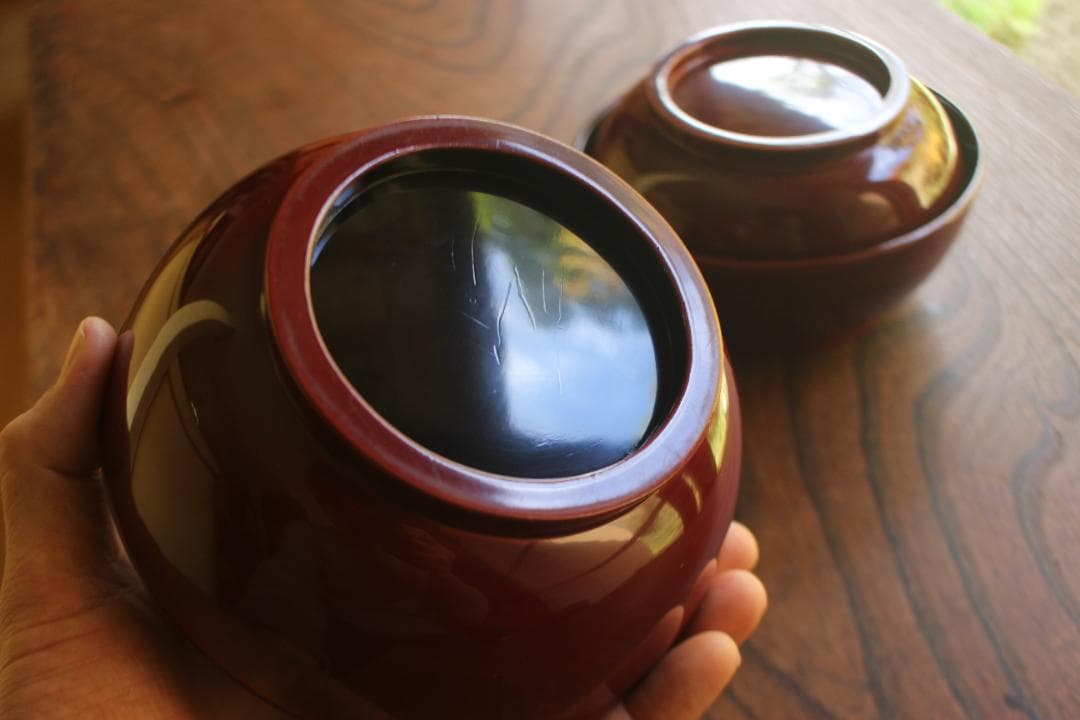 極小傷あり！時代紅溜塗に極上研ぎ出し波濤蒔絵の映えるお椀2点（検加賀蒔絵雑煮椀