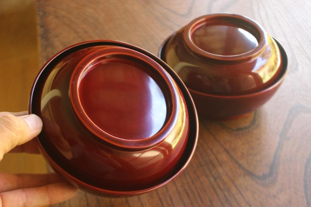 極小傷あり！時代紅溜塗に極上研ぎ出し波濤蒔絵の映えるお椀2点（検加賀蒔絵雑煮椀