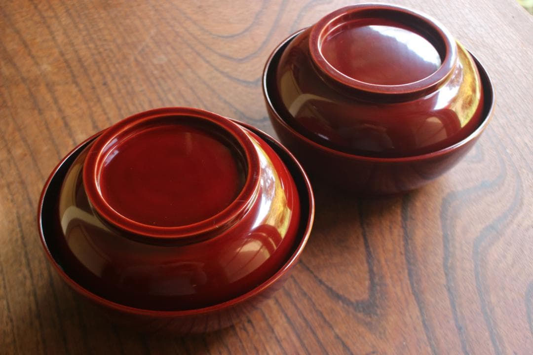 極小傷あり！時代紅溜塗に極上研ぎ出し波濤蒔絵の映えるお椀2点（検加賀蒔絵雑煮椀