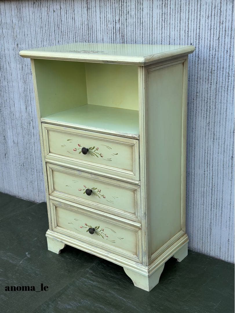 【チェスト】木製　トールペイント　シャビーシック　3段収納　花台　アンティーク◎