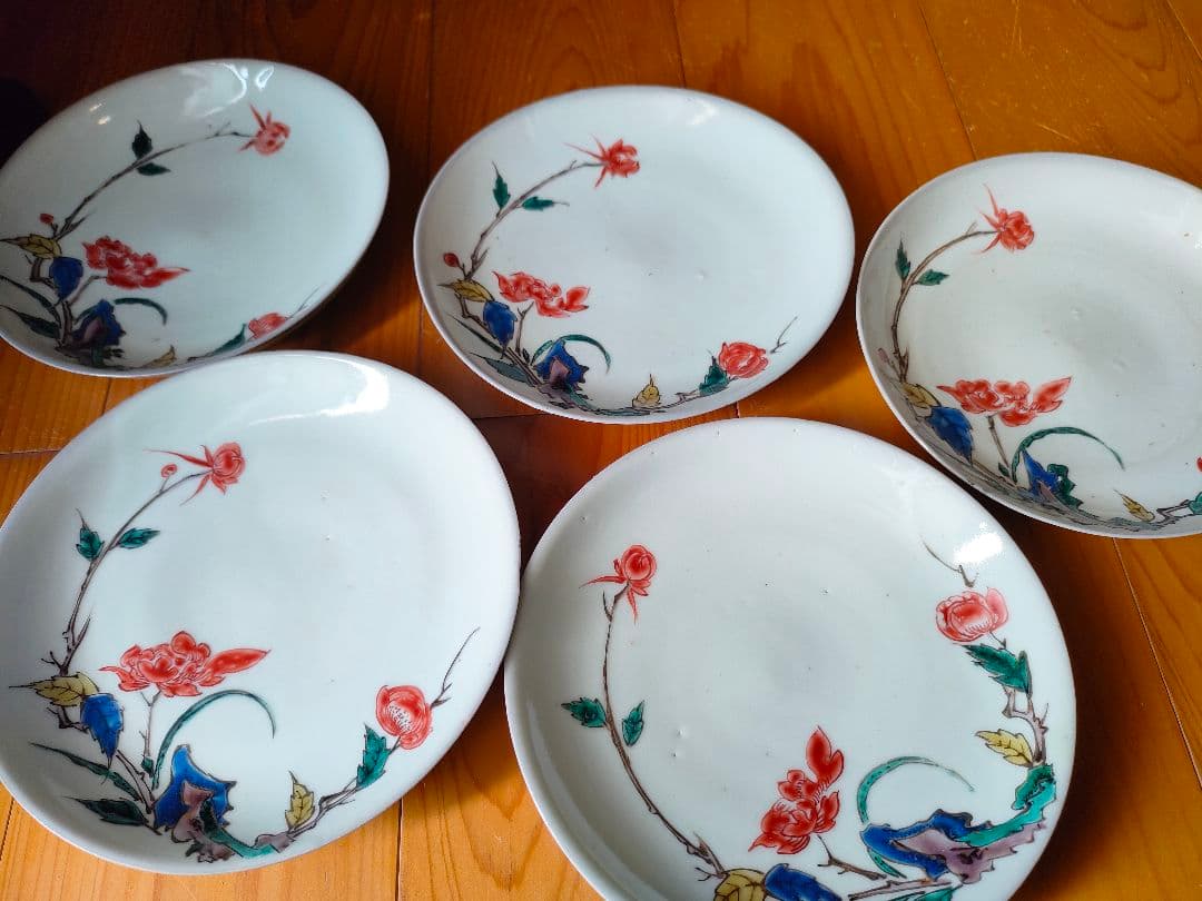 【武】古九谷五彩手　花柄文　五寸皿　本物　５客