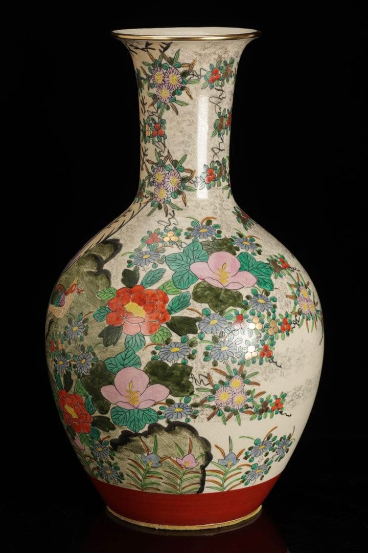 九谷焼 金彩色絵 花鳥図 大花瓶 飾壺 高さ46cm古美術品 骨董品