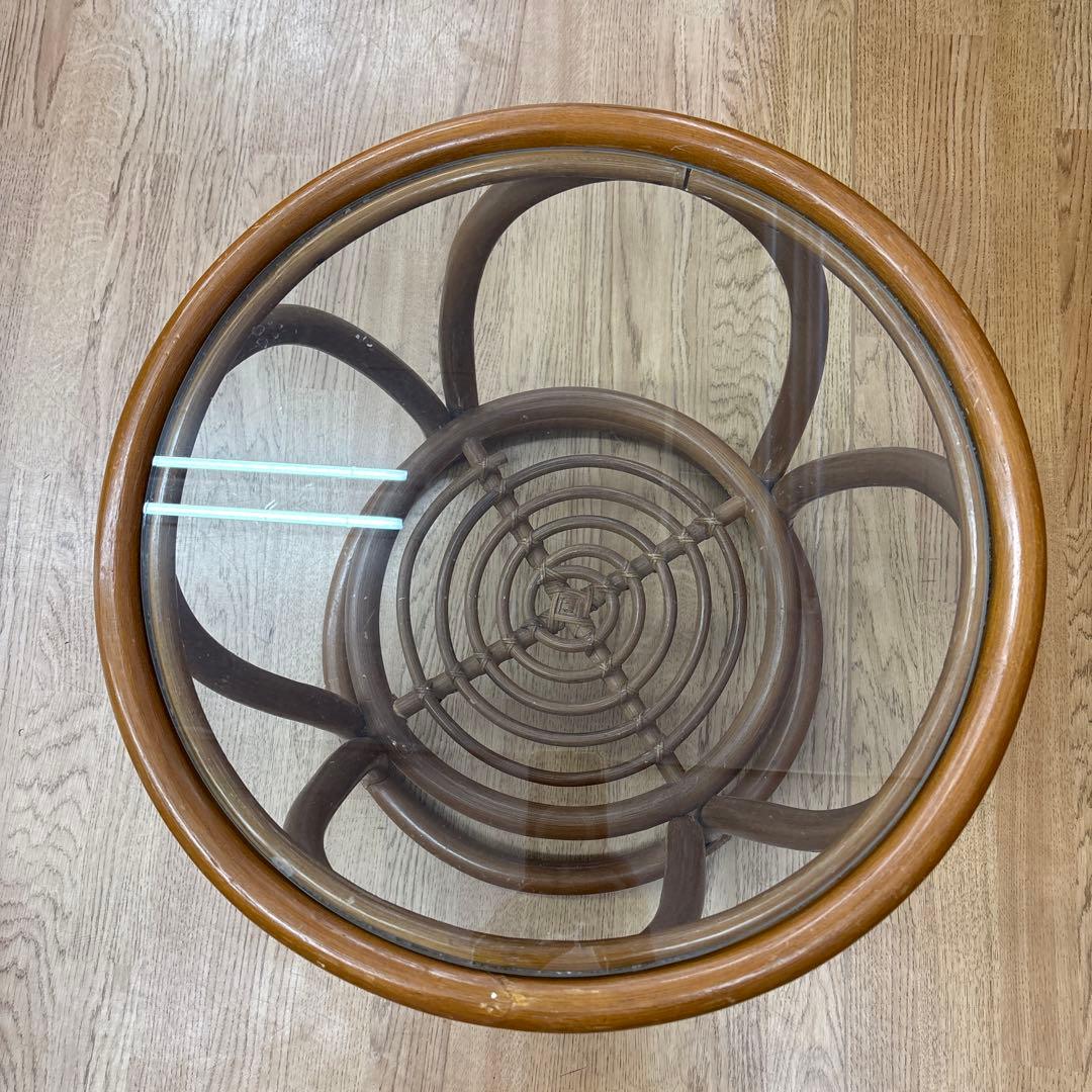 円形ガラス天板の木製テーブル アンティーク