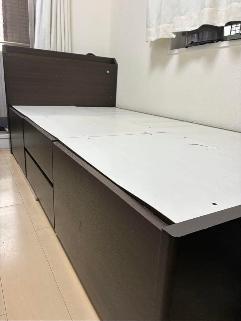 【まさなお】ダークブラウン シングルベッドフレーム 収納付き