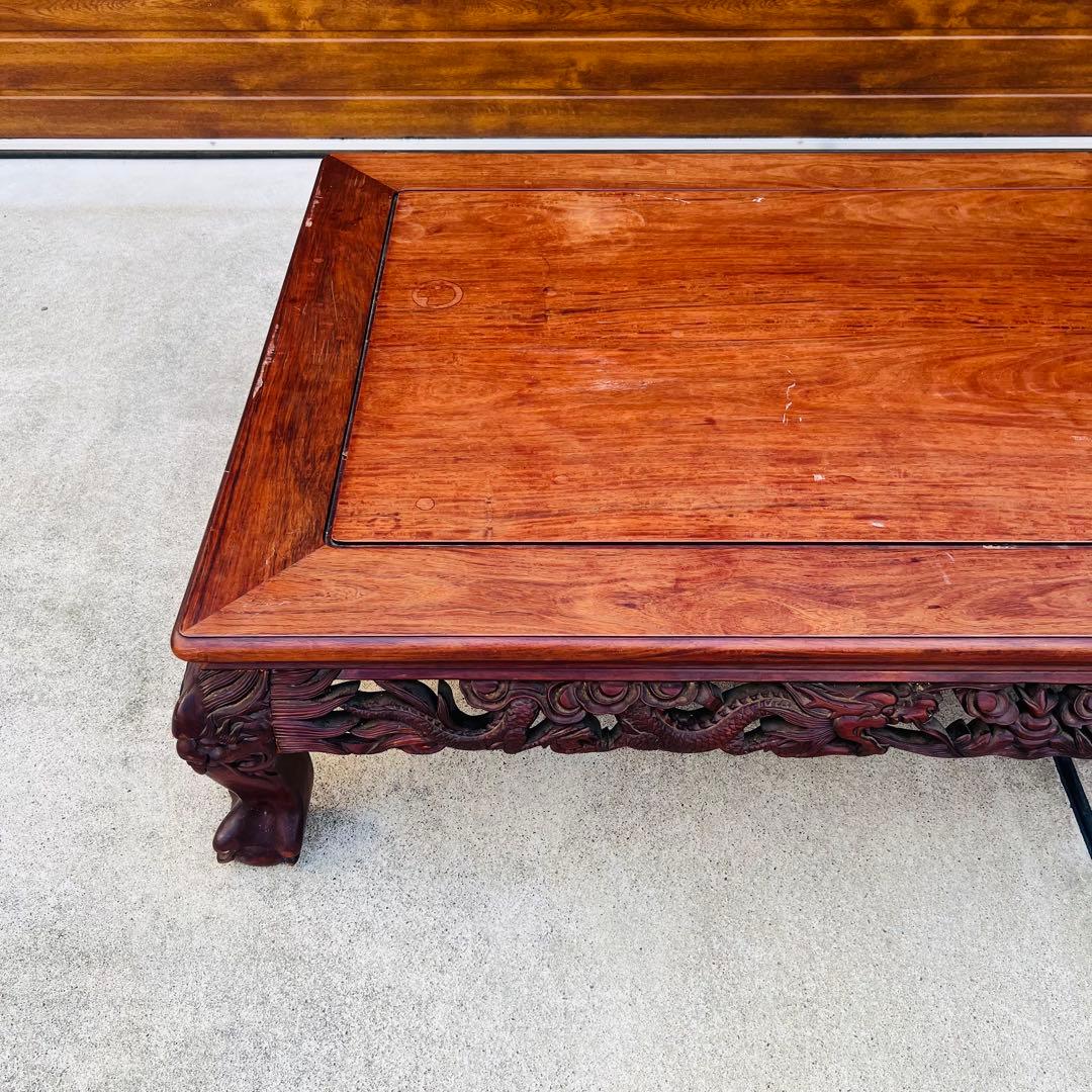 高級唐木　獅子龍彫刻付き　漆仕上げ　長座卓　150センチ幅　テーブル　一枚板