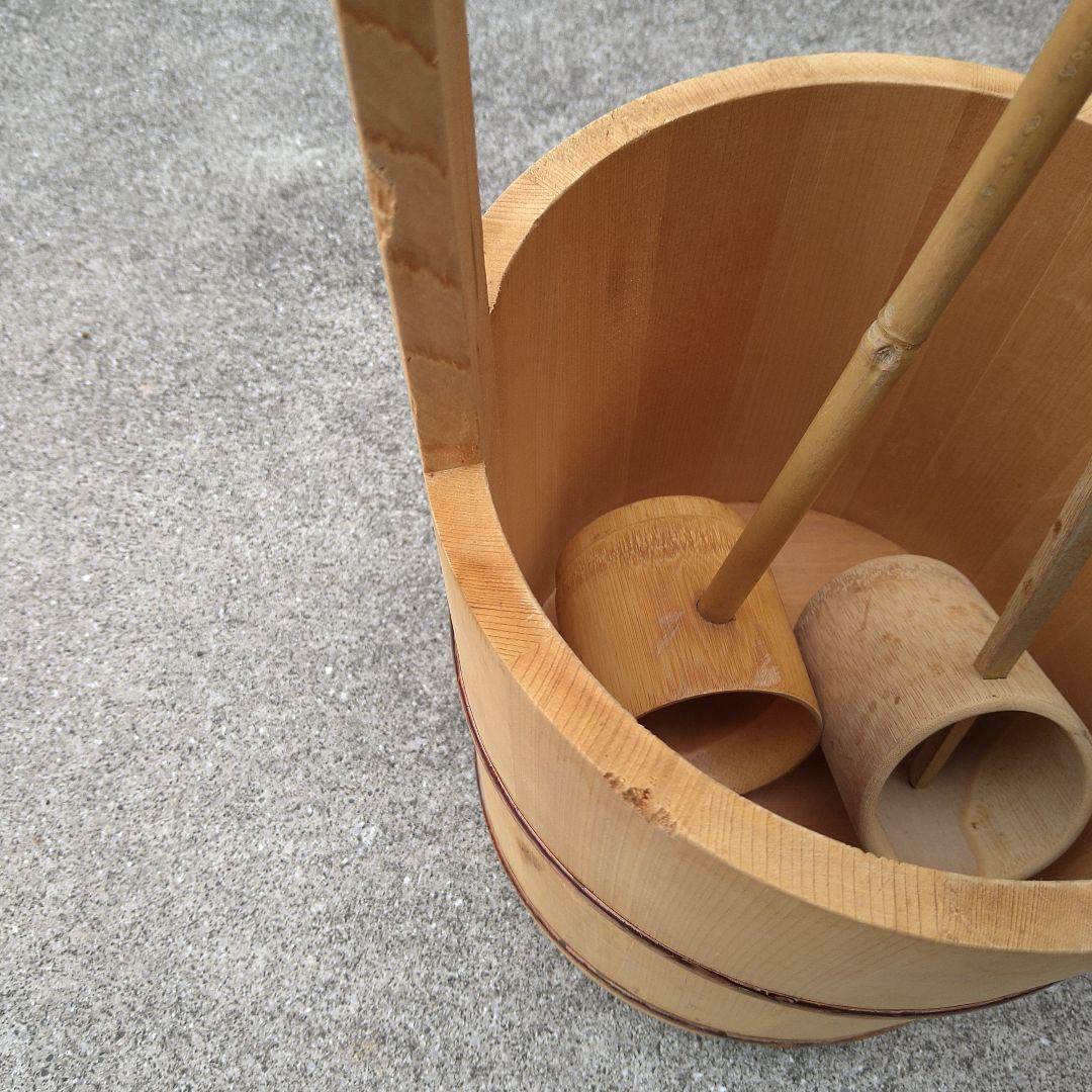 木製水屋道具　手桶　竹製ひしゃく　墓参り用桶　手桶セット　木製手桶　お墓参り