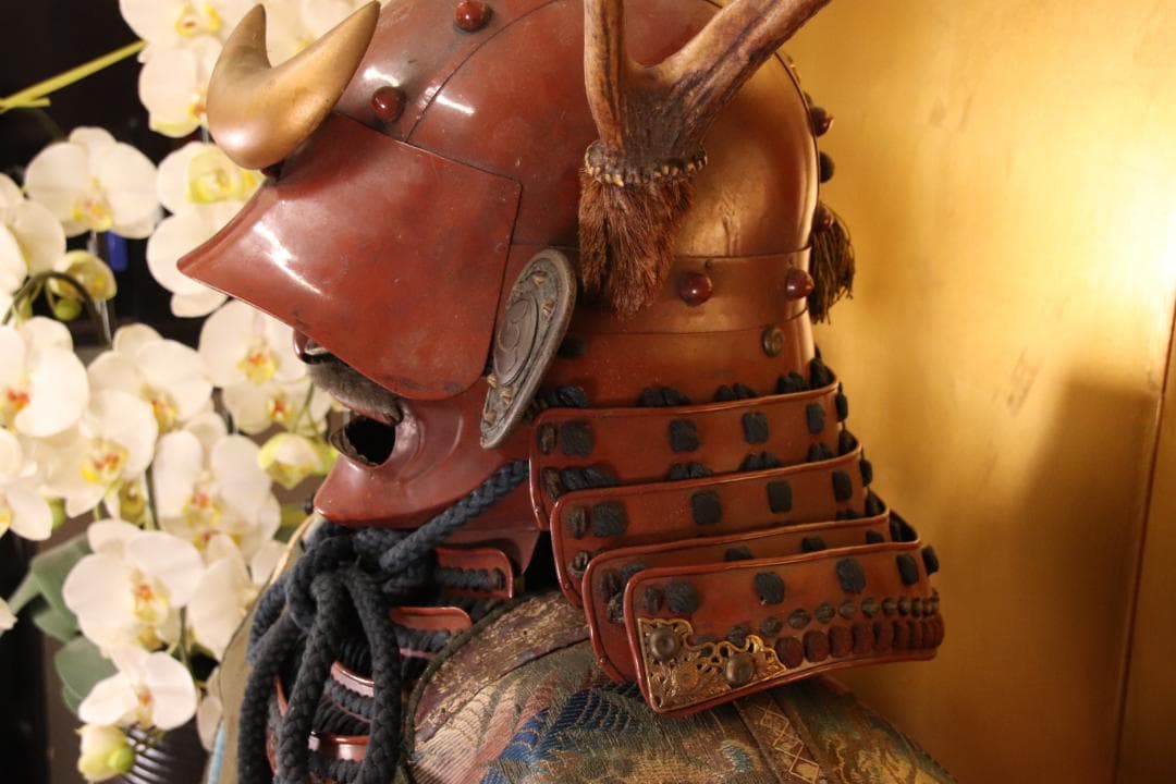 BY03　甲冑　丸に渡辺星紋　鹿角脇立　三日月前立　鎧櫃付　等身大　兜　武具