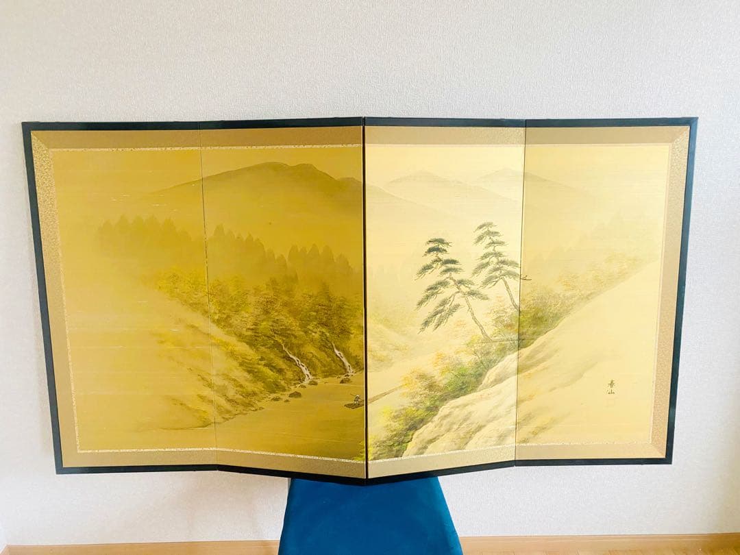 山水画 4つ折り屏風 160cm x 90cm
