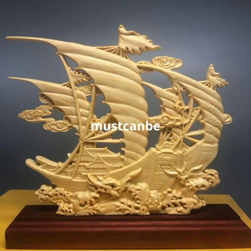 木彫刻は順風満帆波に乗ります 机 事務室 装飾品 工芸品 置物