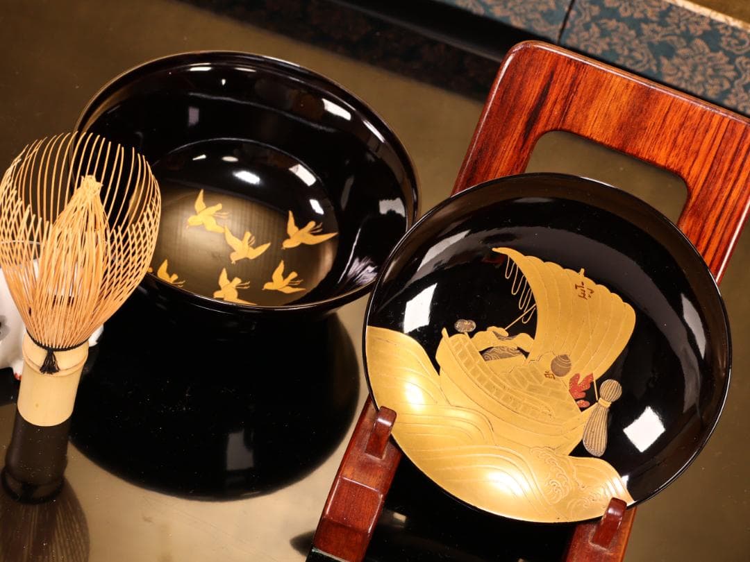 BK407a　時代輪島塗　宝船図金蒔絵　波千鳥　吸物椀　一客　木製　茶道具 菓子