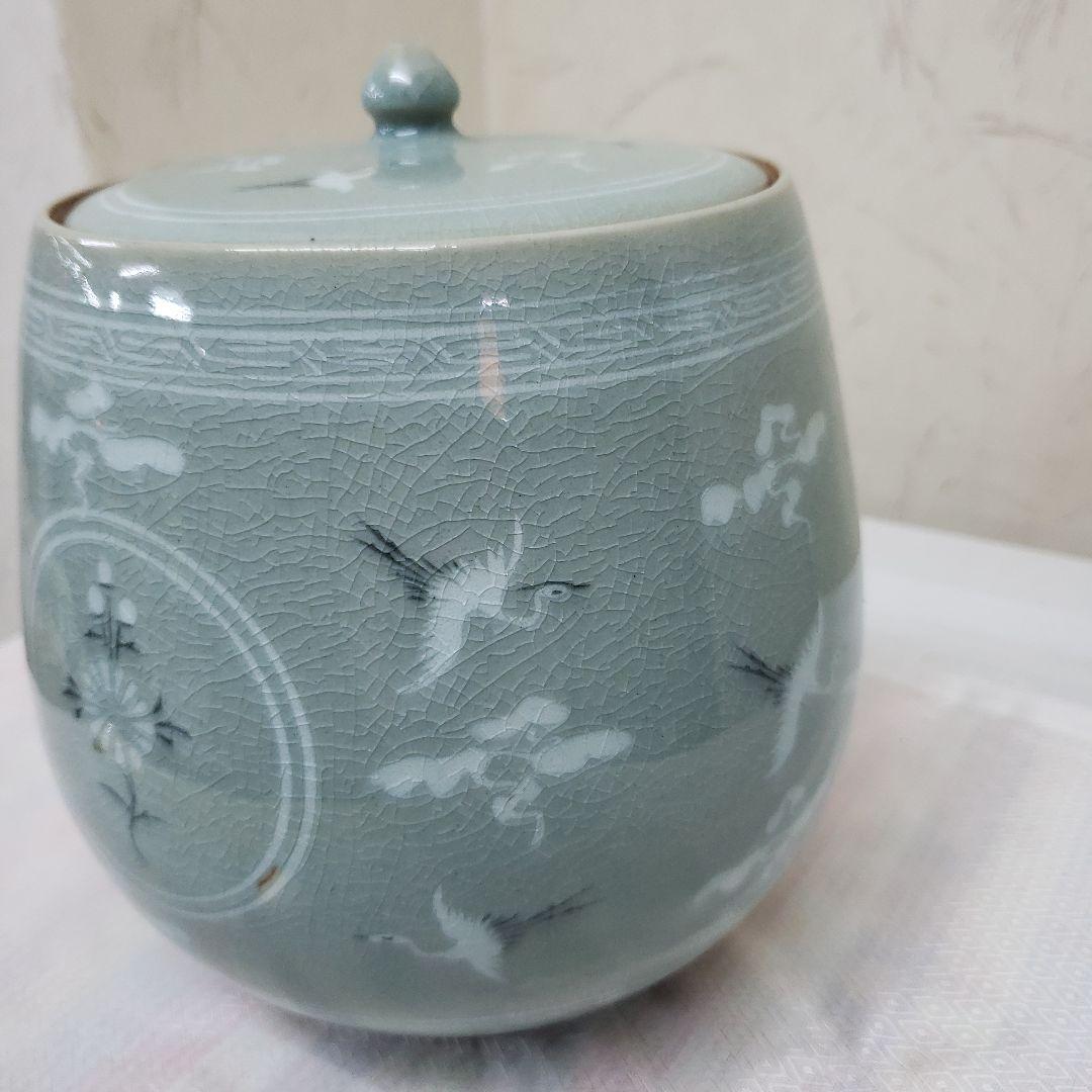 Ｂフライデー蔵出し特価青緑色 陶器 水差し 鶴模様高さ19cm直径15cm作家物