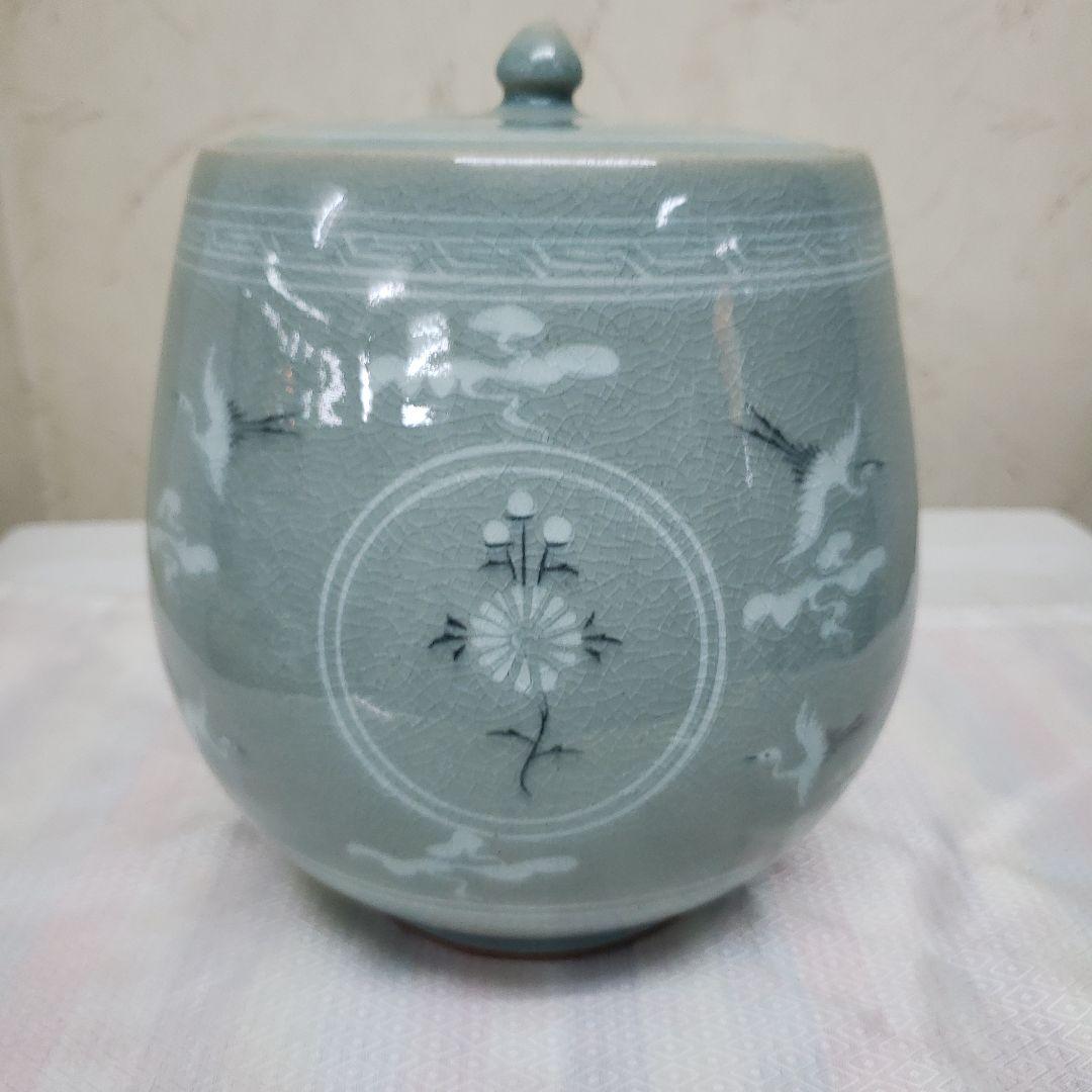 Ｂフライデー蔵出し特価青緑色 陶器 水差し 鶴模様高さ19cm直径15cm作家物