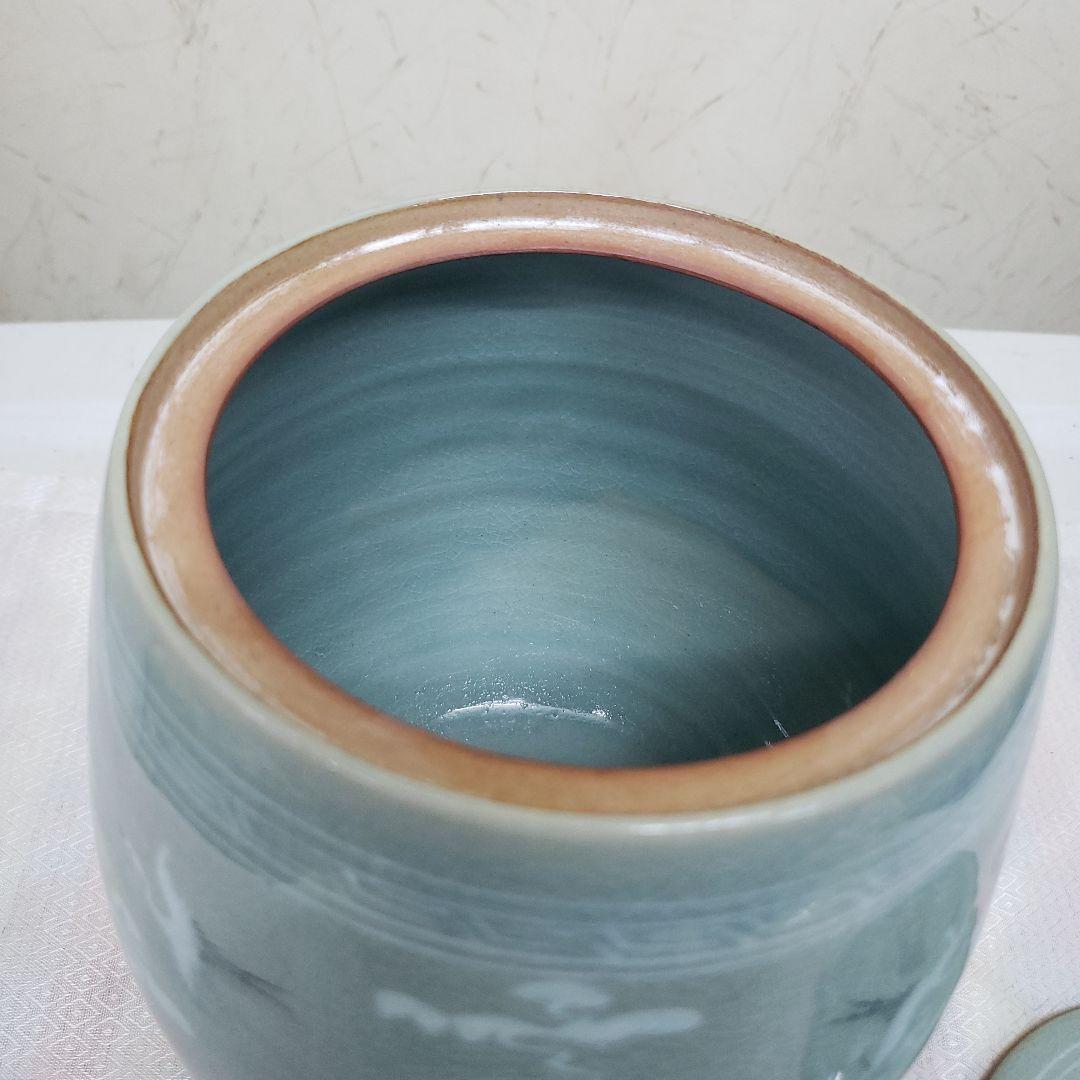 Ｂフライデー蔵出し特価青緑色 陶器 水差し 鶴模様高さ19cm直径15cm作家物