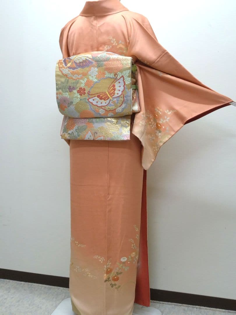 735　半額セール　正絹　鈴乃屋誂え　珊瑚色　訪問着　 4点フルセット