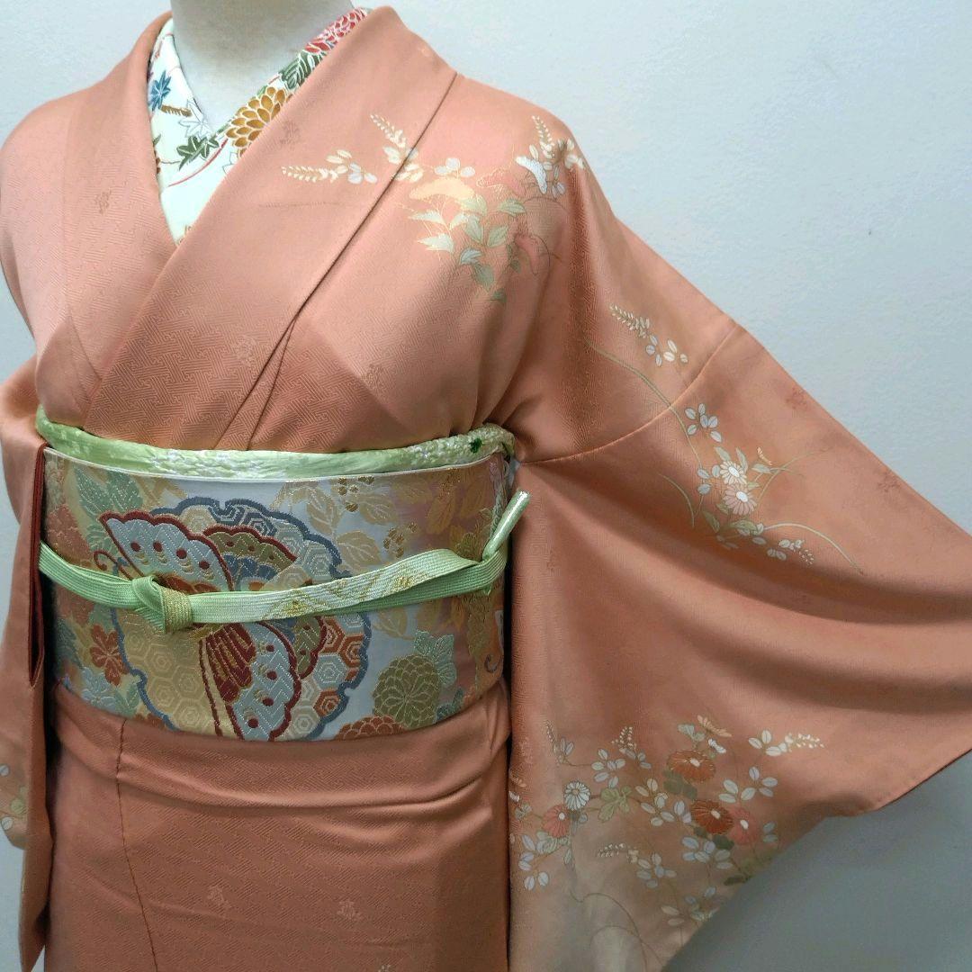 735　半額セール　正絹　鈴乃屋誂え　珊瑚色　訪問着　 4点フルセット