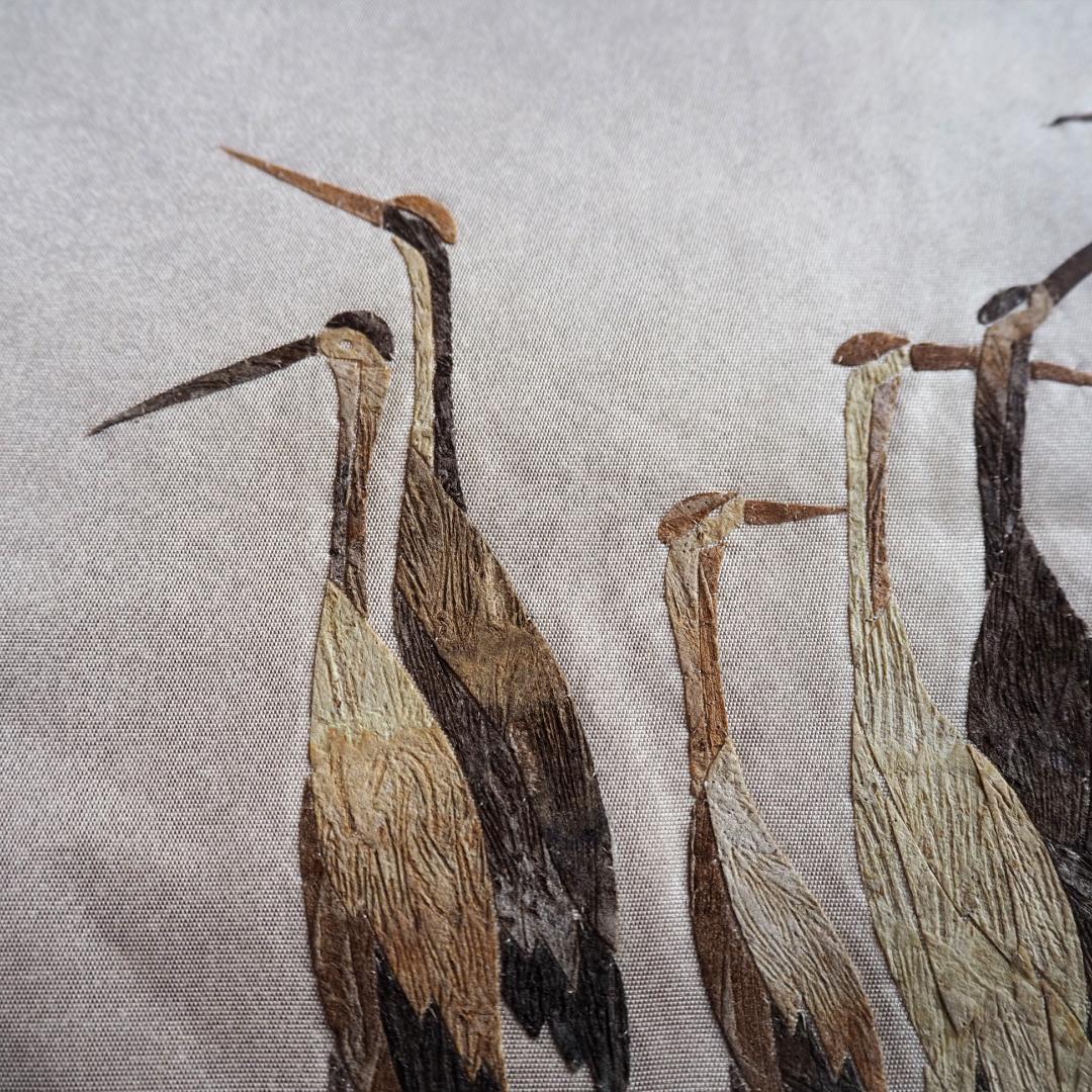 みの虫工芸作家　草苑白水　太鼓柄袋帯　群れ立ち鶴　正絹　逸品　ベージュ