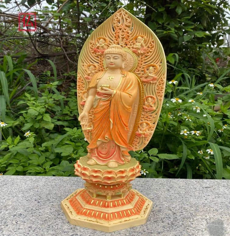 【修縁堂】仏教工芸品 彩繪 金箔 釈迦牟尼 仏教美術 置物 仏壇 仏像