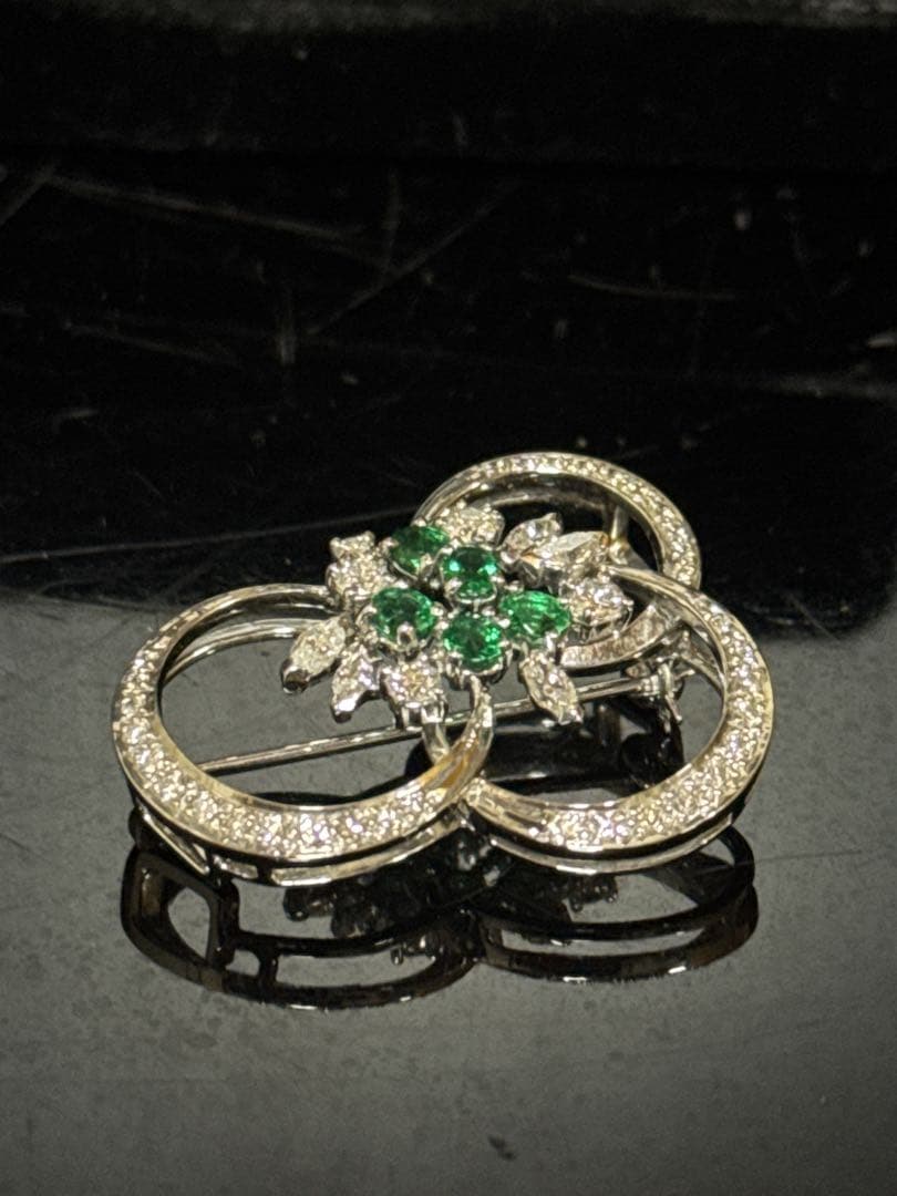 鑑定書付 Pt900 天然エメラルド ダイヤ 帯留 ブローチ