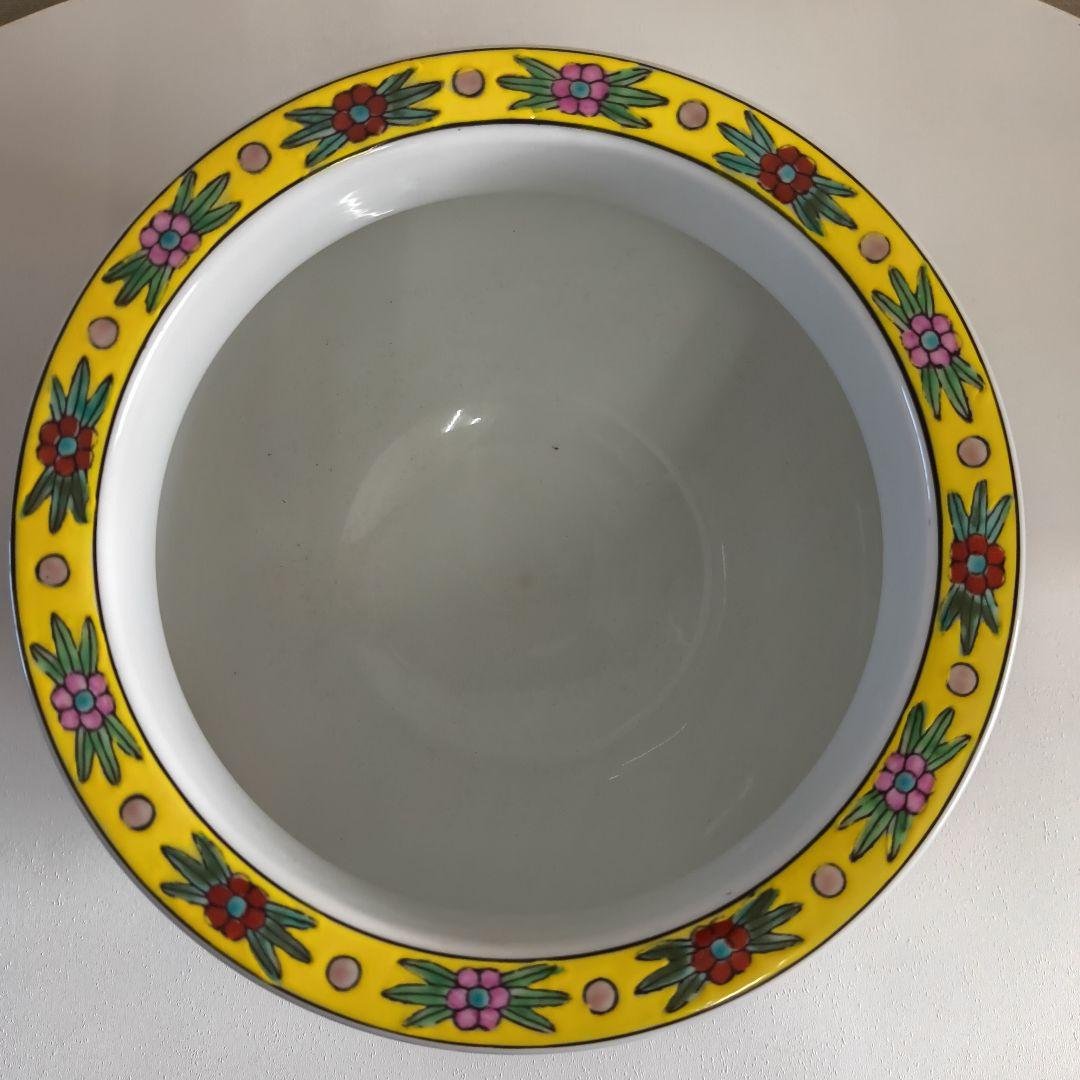 手描き鉢　鳥と花柄　黄色　置物　美術品　アンティーク　珍品　昭和レトロ　睡蓮鉢