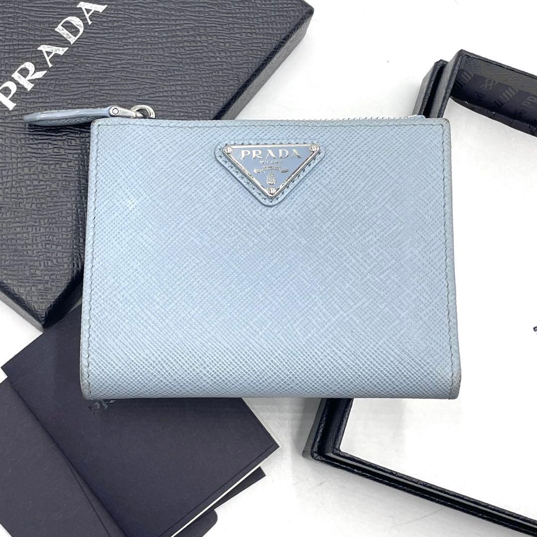 極美品/現行モデル● プラダ 折り財布 二つ折り 三角ロゴ サフィアーノ ブルー