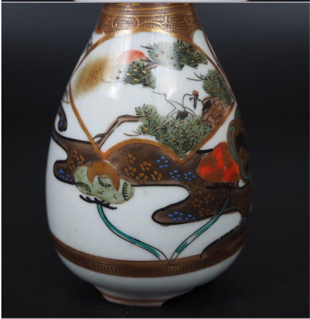 送料無料　明治～大正　古い九谷焼　松鶴梅図徳利一対　本金使用