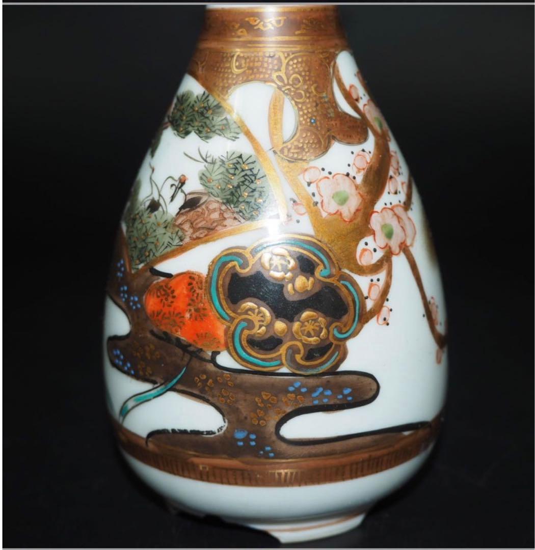 送料無料　明治～大正　古い九谷焼　松鶴梅図徳利一対　本金使用