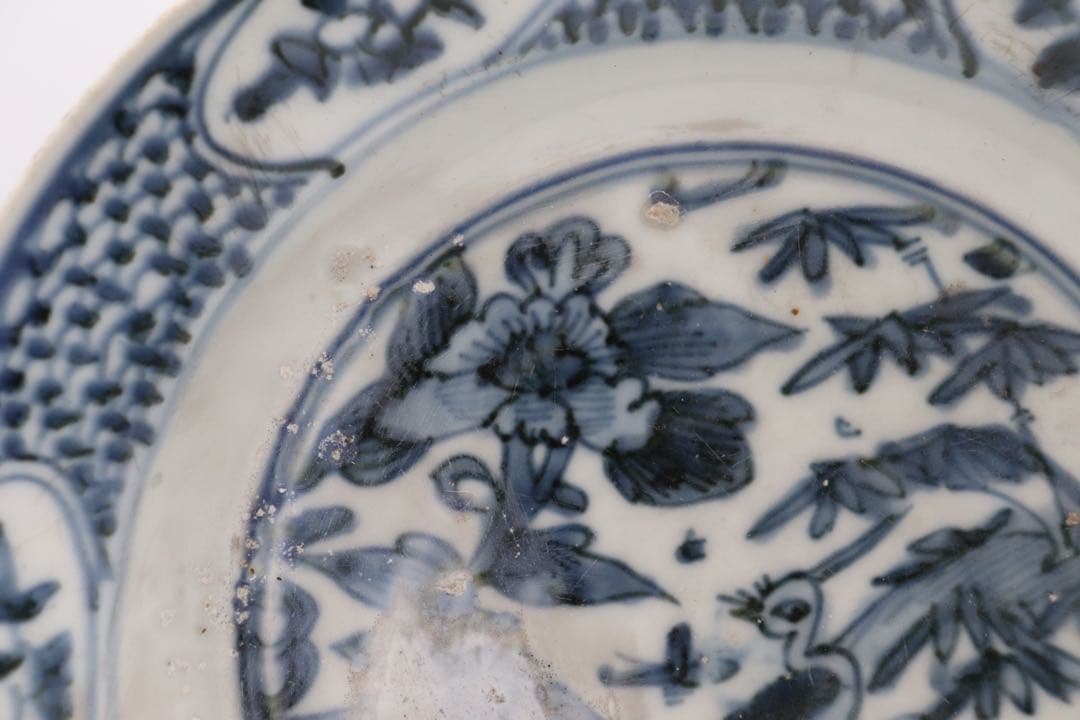 中国　明時代　染付　花鳥紋大皿　アンティーク　送料込み250124