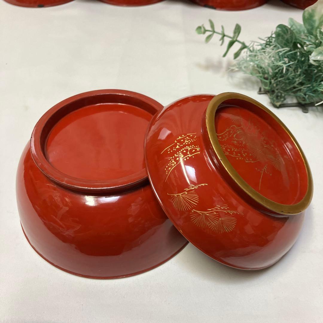 大正時代　木製漆器　蓋付汁椀　10客　菓子椀　松竹梅　漆沈金蒔絵 木箱付　雑煮椀