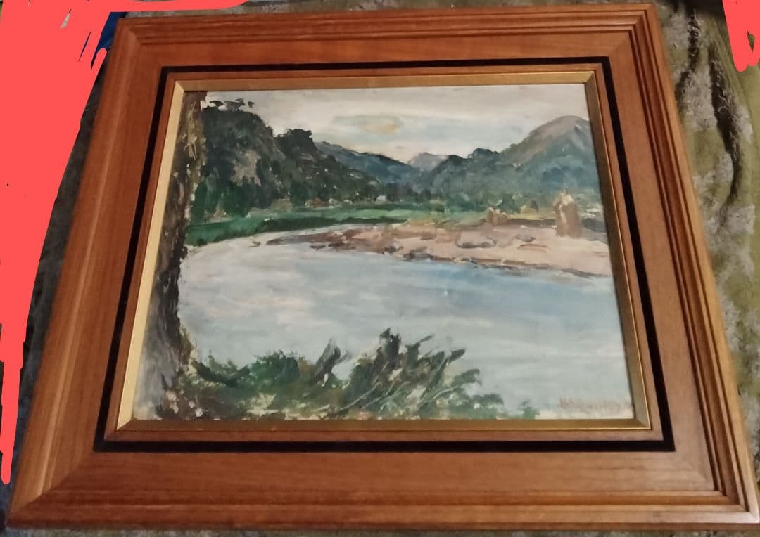 萩谷巌　板に油彩F4河原風景巨匠サロン・ドートンヌ審査員美術年鑑1号43万画家