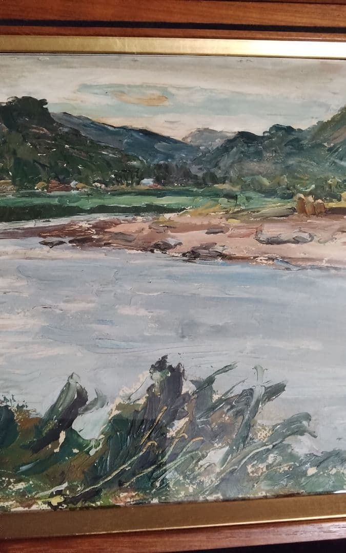 萩谷巌　板に油彩F4河原風景巨匠サロン・ドートンヌ審査員美術年鑑1号43万画家