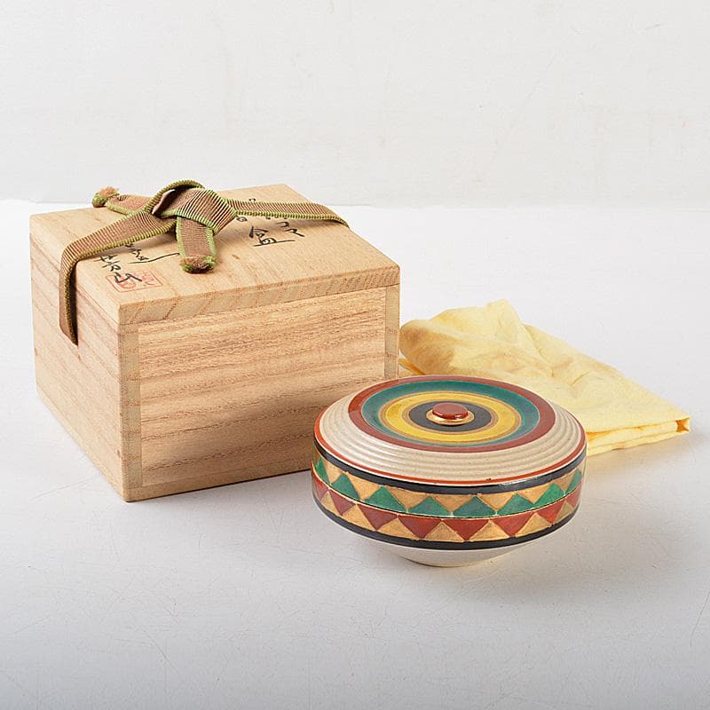 すみかすみれ　萬古焼　佐久間芳山造　色絵コマ　香合　共箱　V　6481