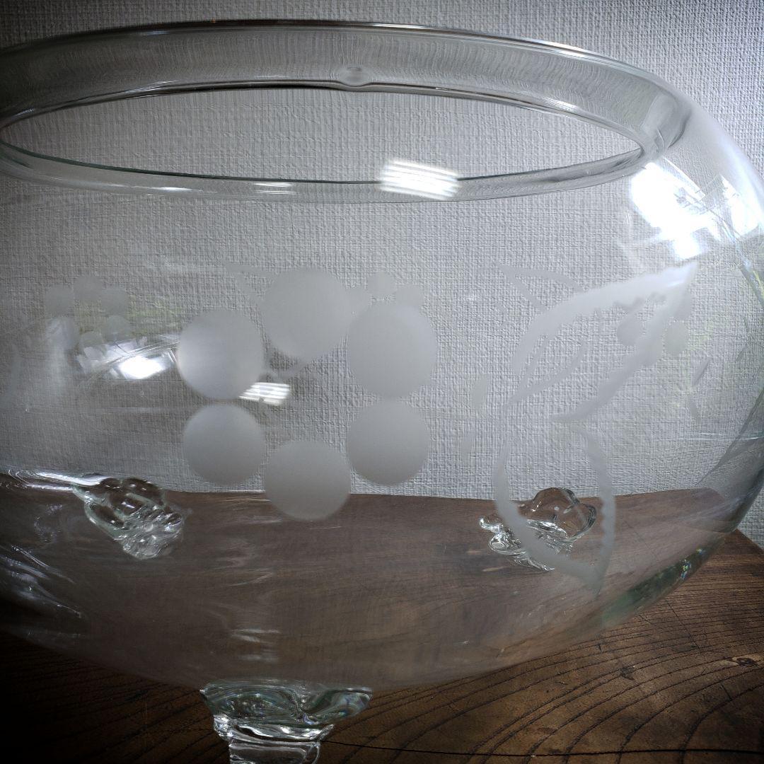 金魚鉢 明治 大正 昭和初期 昭和レトロ 切子 グラビュール 花 猫足 気泡多数