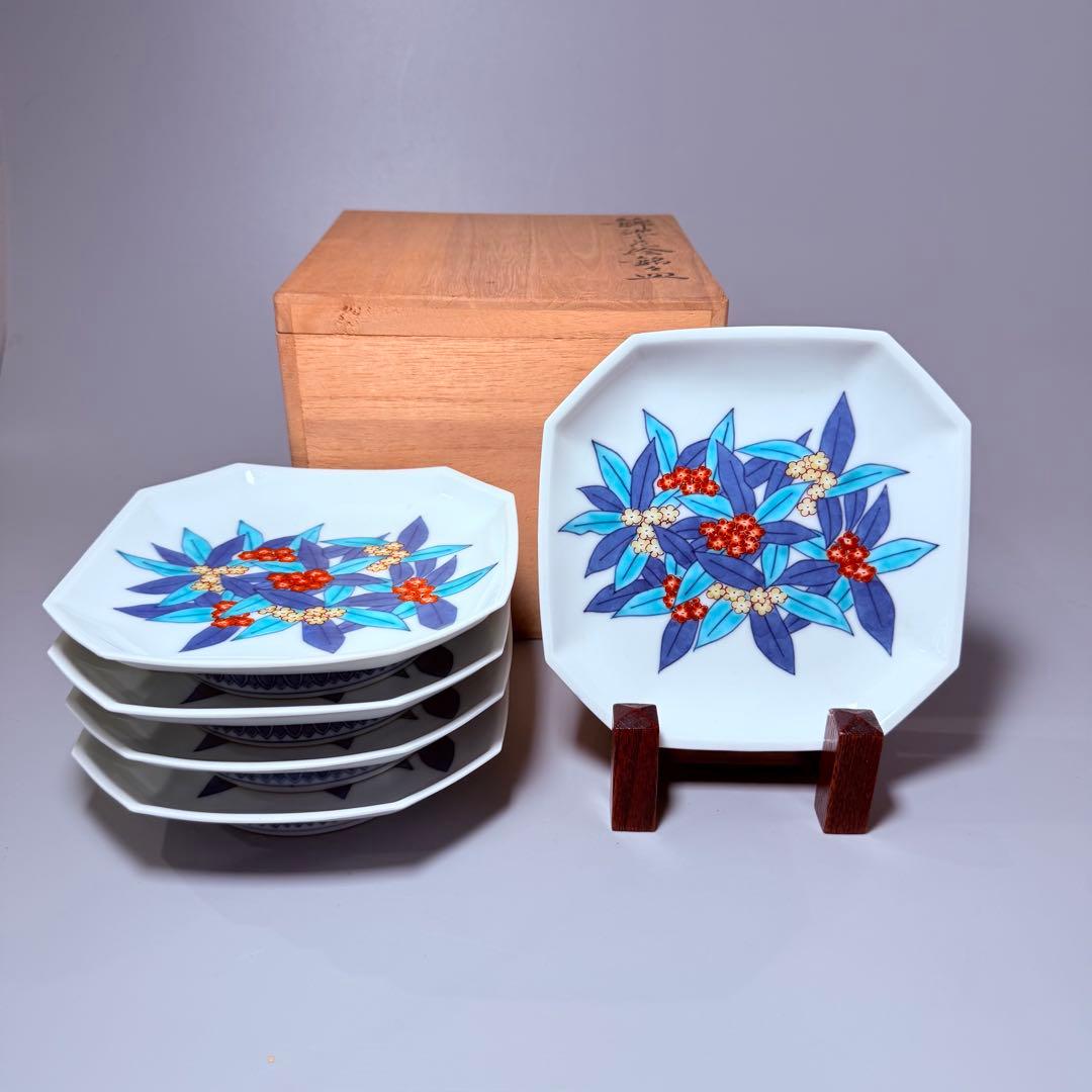 人間国宝　今泉今右衛門　錦沈丁花絵銘々皿　八角形　共箱　高級ライン　日本料理